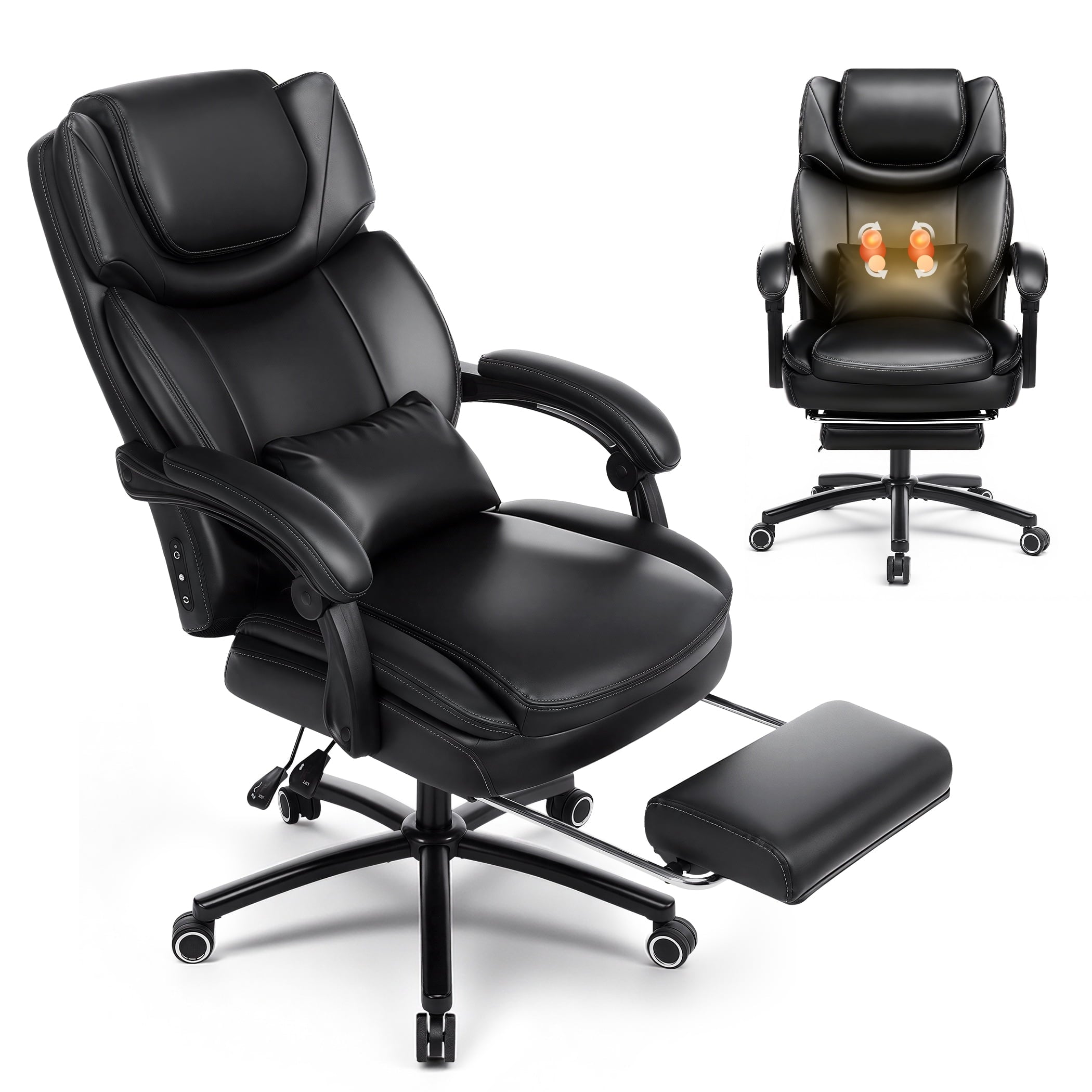 EOP Big and Tall Office Chair with Footrest, Heated Massage Faux Leather Computer Chair with 3D Linkage Armrests and Lumbar Pillow, Black