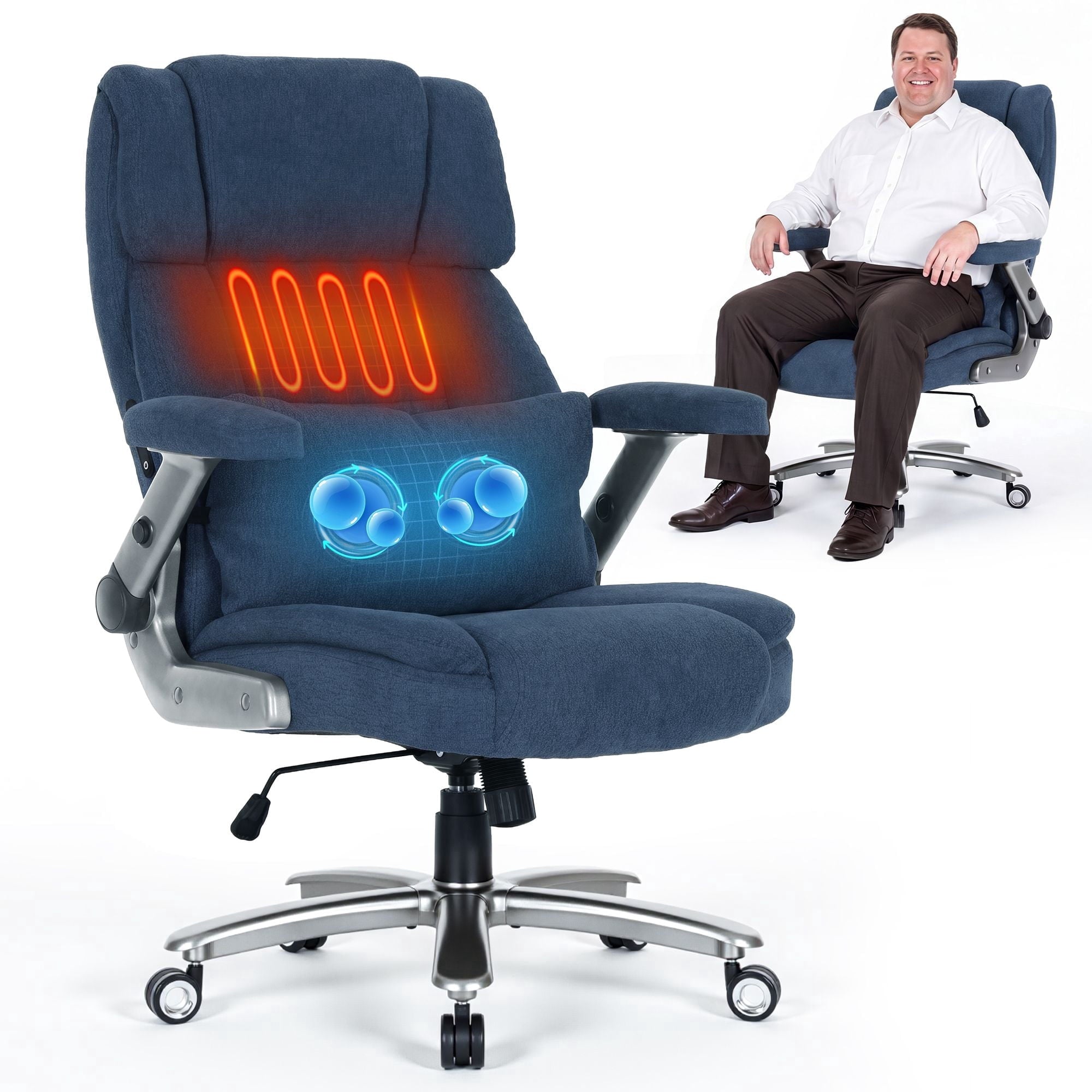 EOP Big and Tall Heated Massage Office Chair, High Back Executive Desk Chair with 4D Flip-Up Armrests & Lumbar Support for Home Office, Black