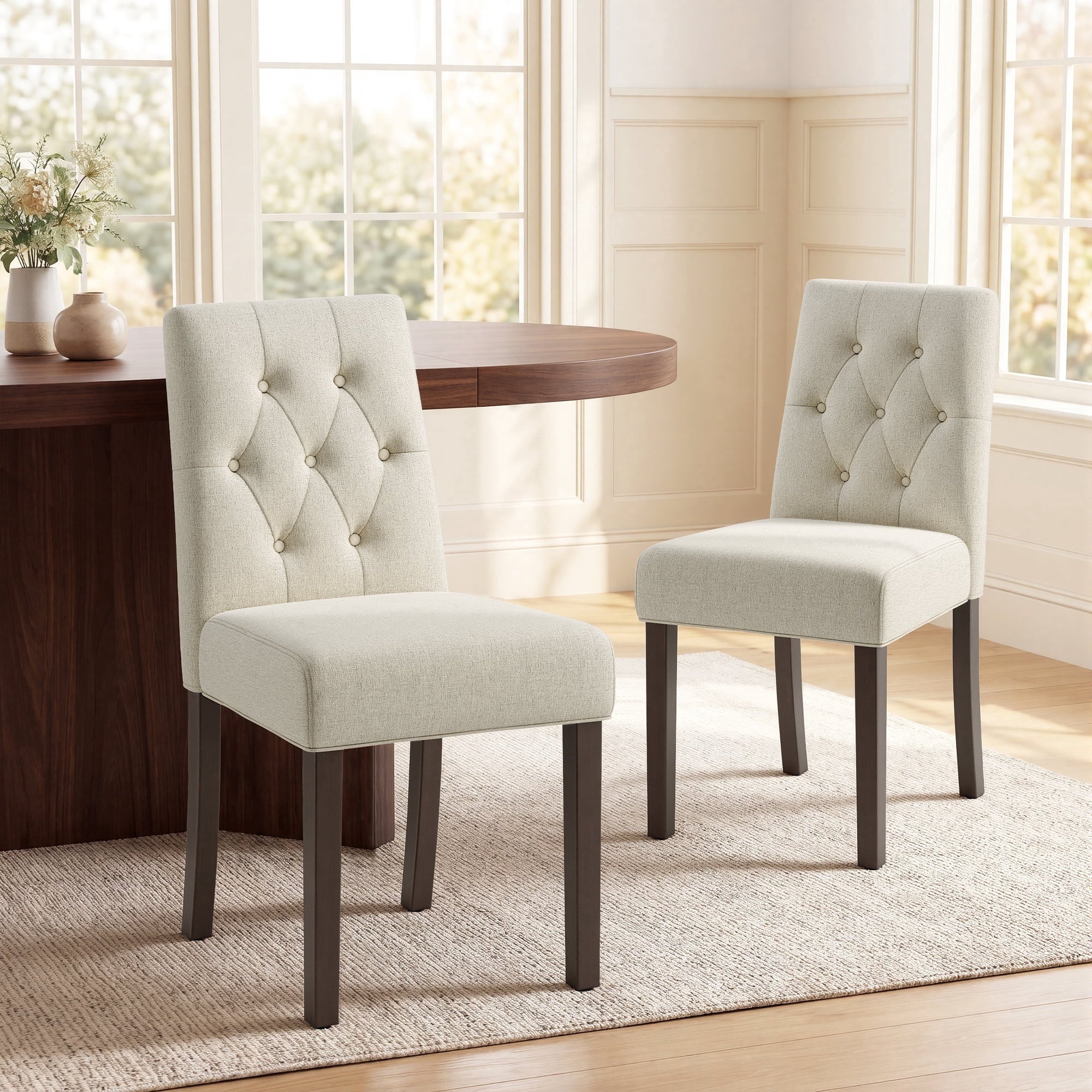 EOP Dining Chairs Set of 2, Modern Upholstered Fabric Dining Room Chairs, Armless Kitchen Side Chairs with Wood Legs and Padded Seat for Living Room, Bedroom, Kitchen, Beige