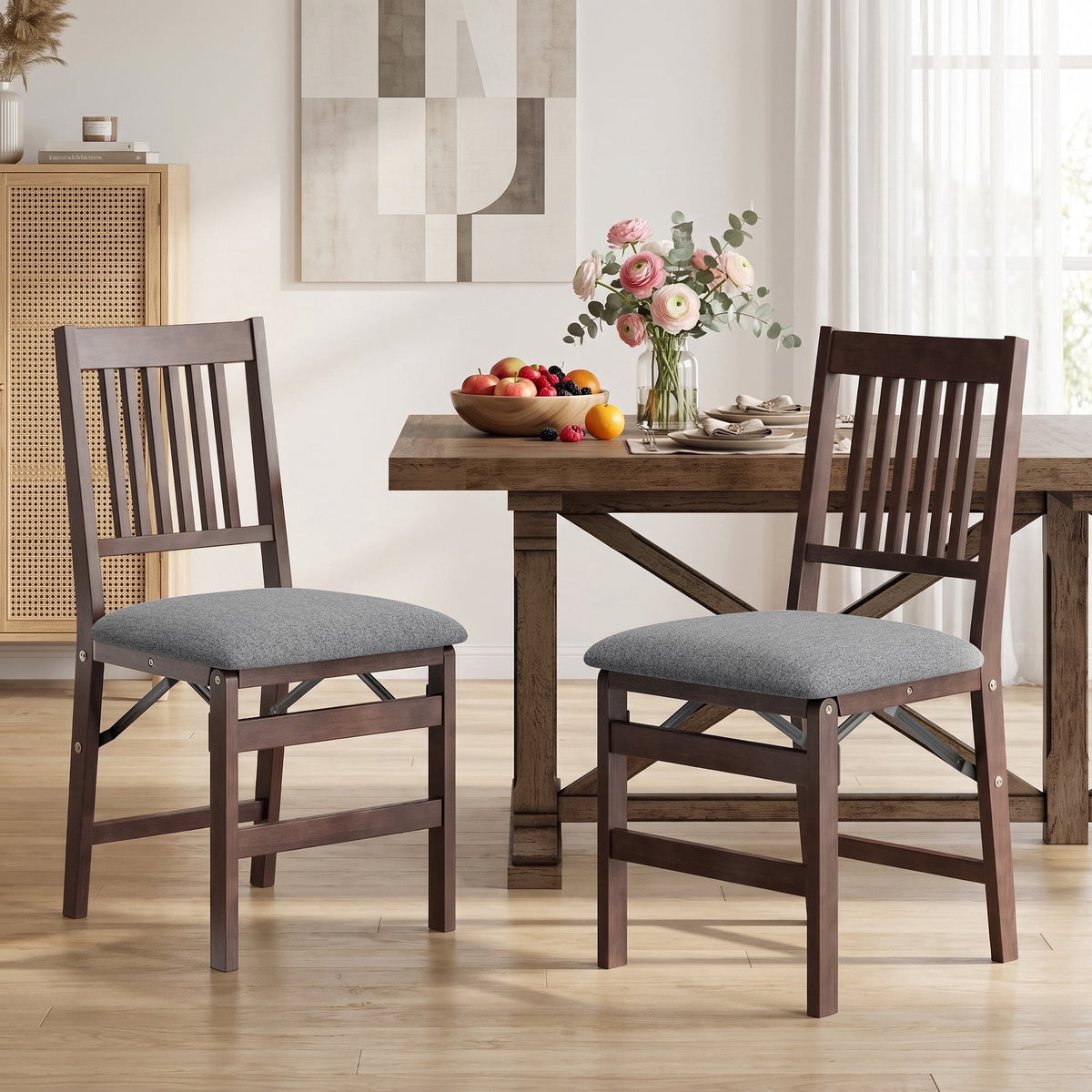 EOP Folding Dining Chairs Set of 2, Wooden Foldable Dining Room Chairs for Kitchen & Small Spaces, Mid Century Modern Upholstered Kitchen chairs, No Assembly Required, Beige