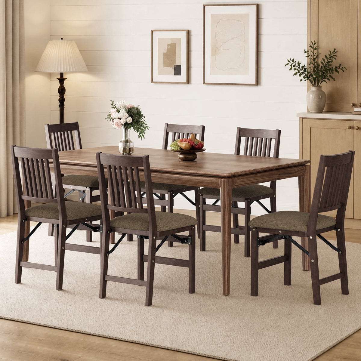 EOP Folding Dining Chairs Set of 2, Wooden Foldable Dining Room Chairs for Kitchen & Small Spaces, Mid Century Modern Upholstered Kitchen chairs, No Assembly Required, Beige