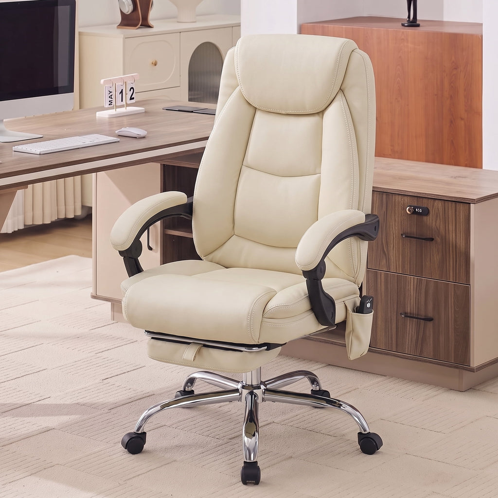 EOP Massage Faux Leather Desk Chair with Footrest High Back Office Chair Computer Reclining, Beige