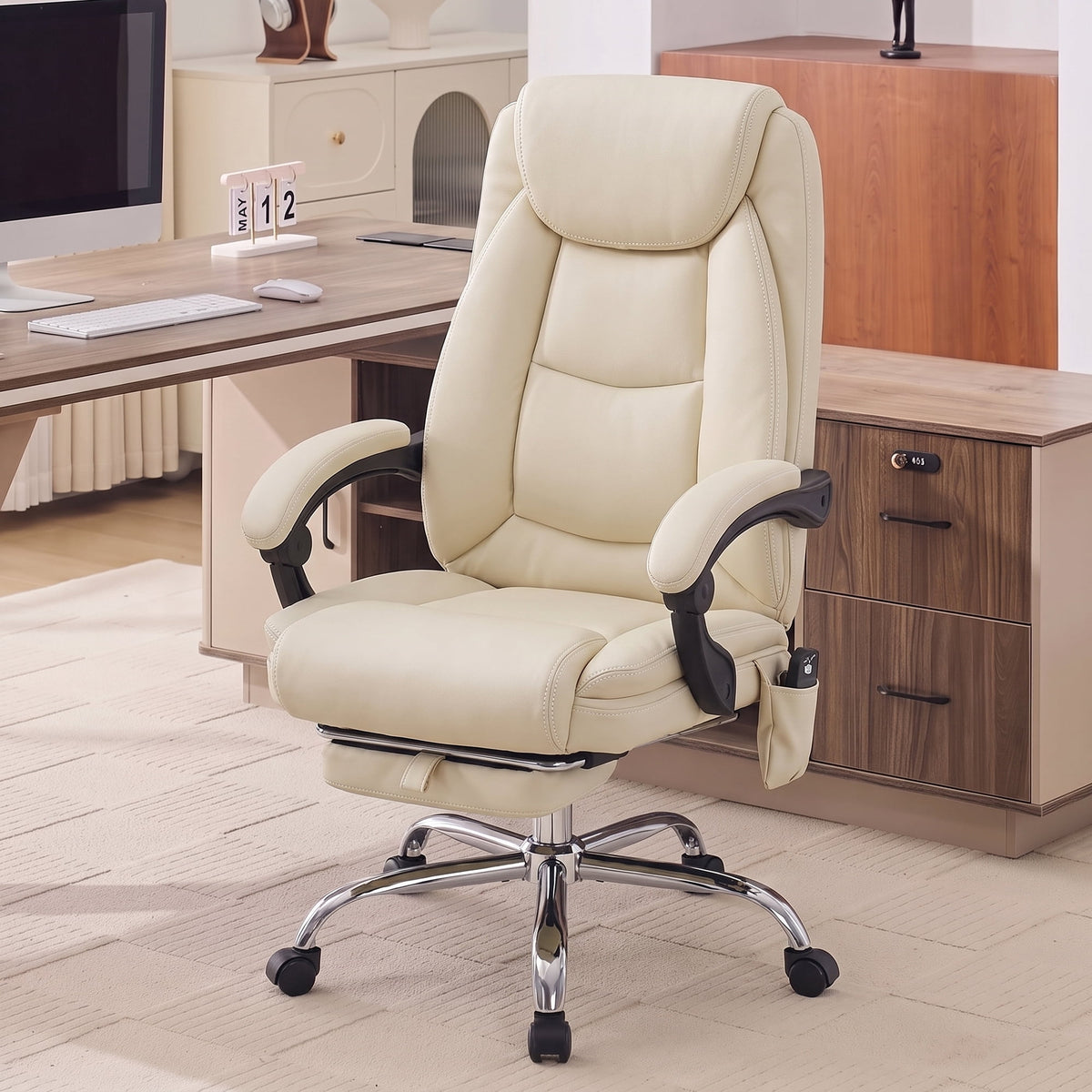 EOP Massage Faux Leather Desk Chair with Footrest High Back Office Chair Computer Reclining, Beige