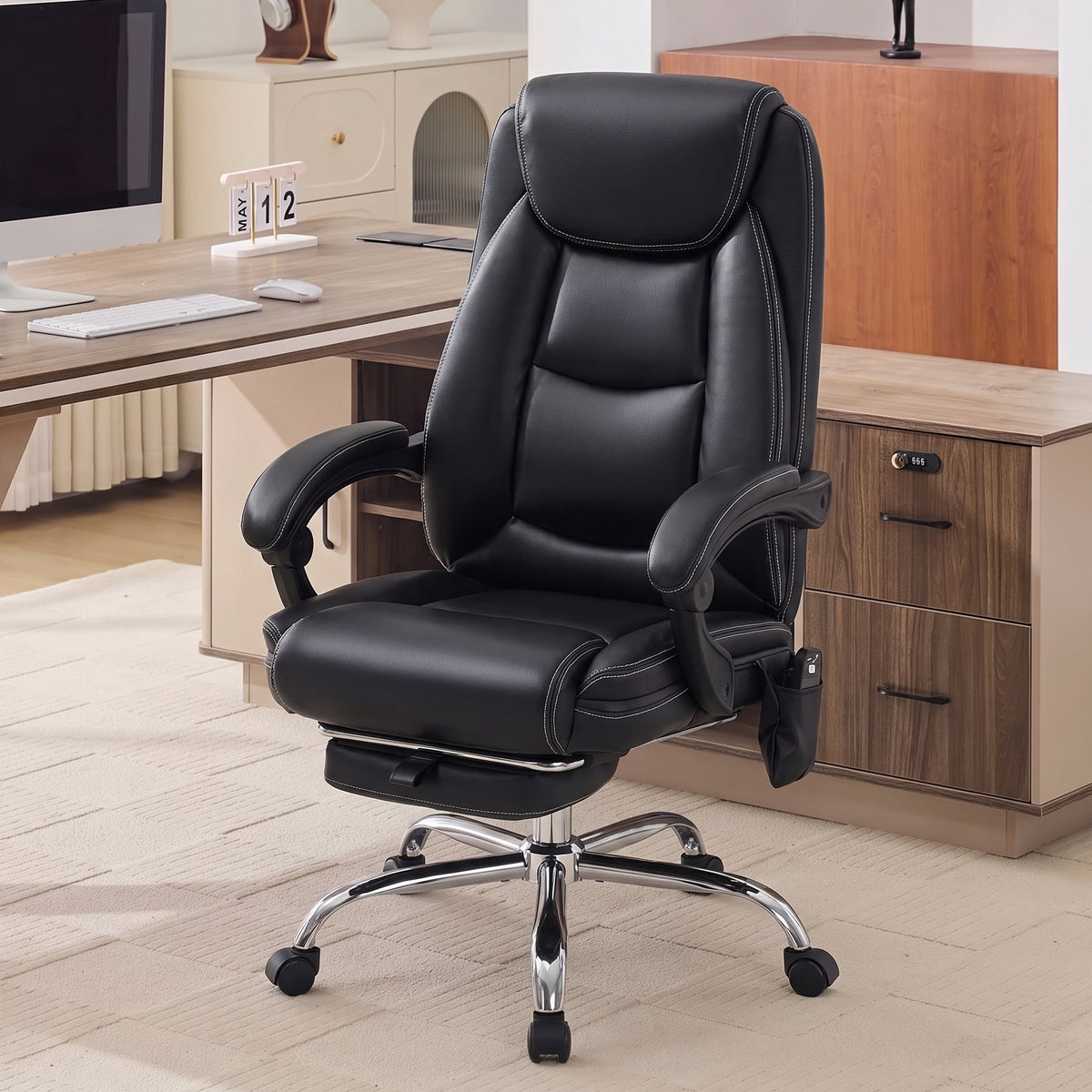 EOP Massage Faux Leather Desk Chair with Footrest High Back Office Chair Computer Reclining, Beige