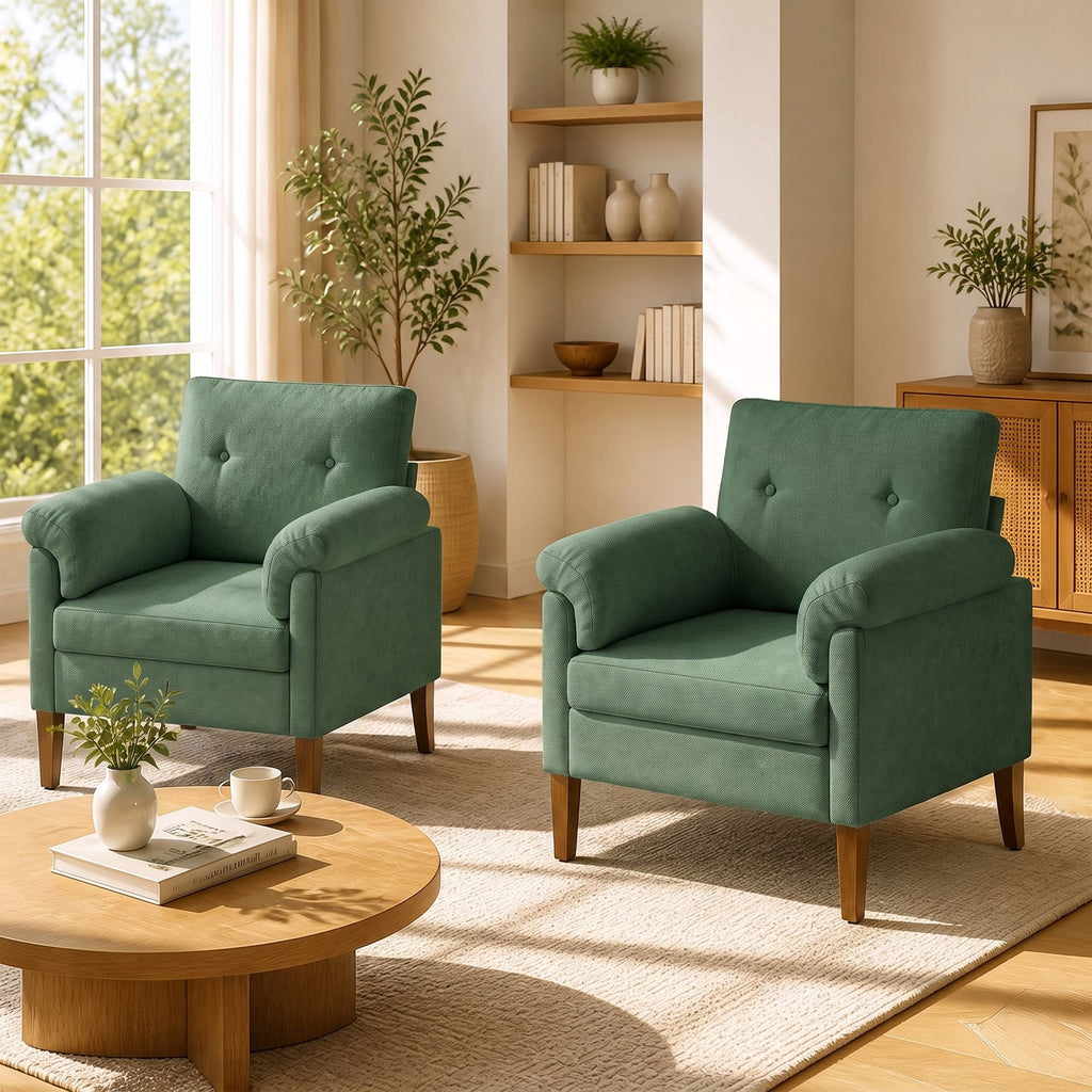 EOP Mid-Century Modern Accent Chair, Upholstered Linen Fabric Armchair with Padded Arms & Solid Wood Legs, Button Tufted Single Sofa Chair for Living Room, Bedroom, Beige