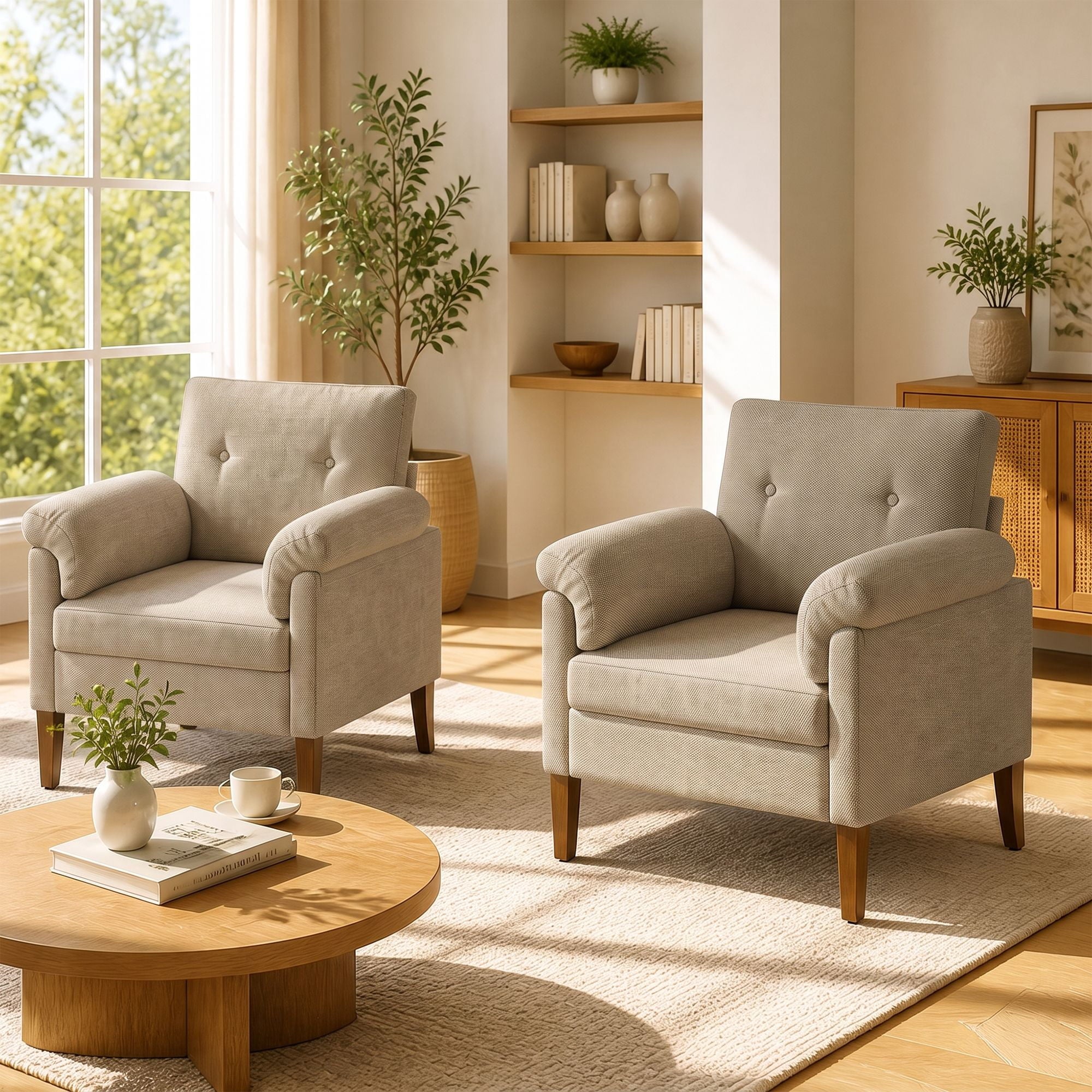 EOP Mid-Century Modern Accent Chair, Upholstered Linen Fabric Armchair with Padded Arms & Solid Wood Legs, Button Tufted Single Sofa Chair for Living Room, Bedroom, Beige