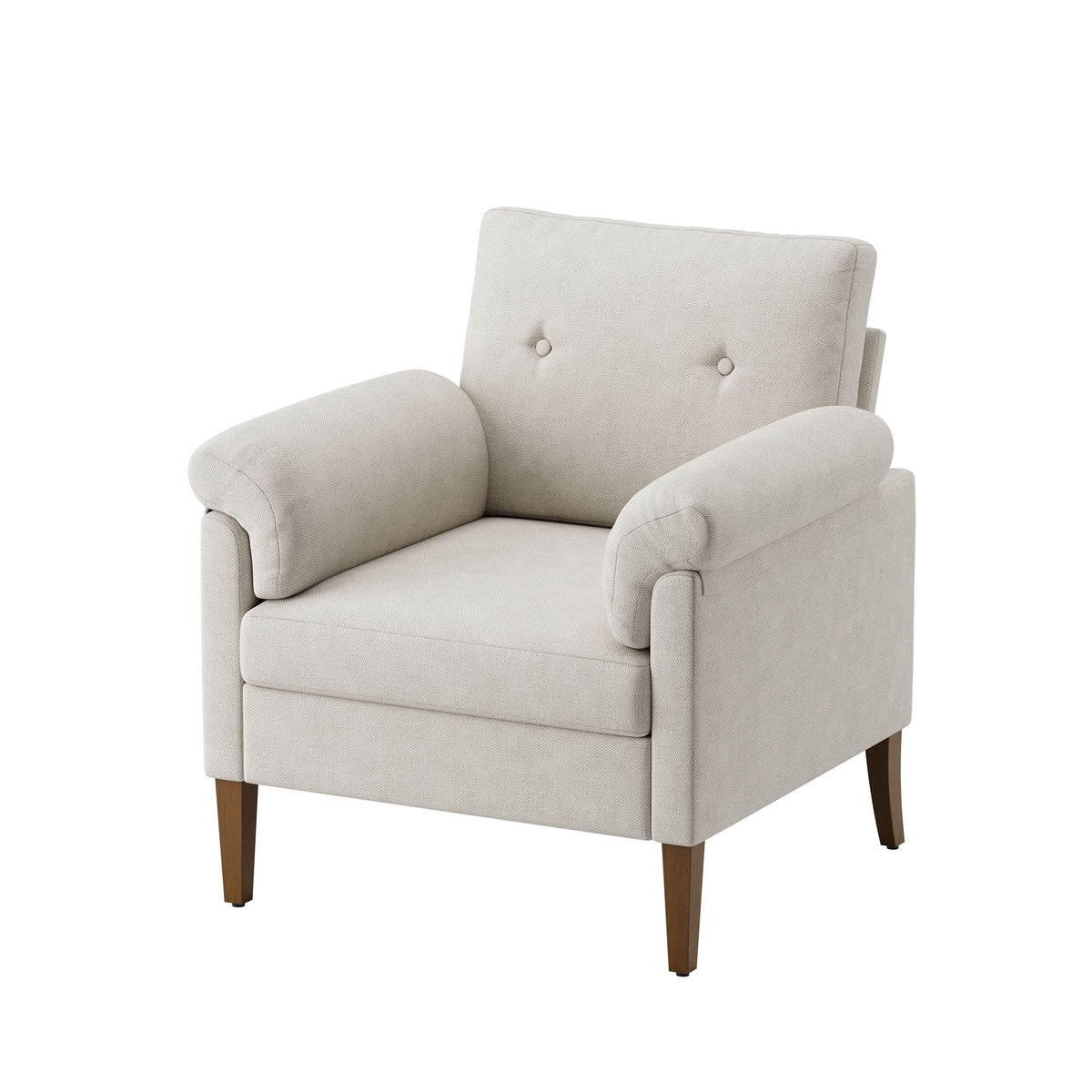 EOP Mid-Century Modern Accent Chair, Upholstered Linen Fabric Armchair with Padded Arms & Solid Wood Legs, Button Tufted Single Sofa Chair for Living Room, Bedroom, Beige
