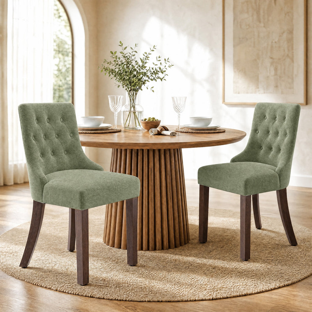 EOP Mid Century Modern Dining Chairs Set of 2, Farmhouse Upholstered Kitchen Chairs with Solid Wood Legs and Button Tufted for Dining Room, Beige