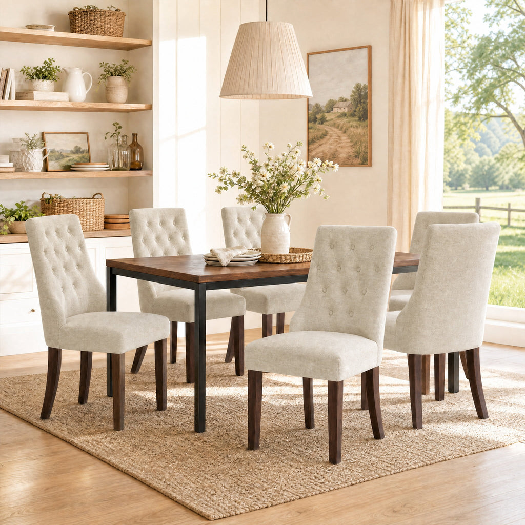 EOP Mid Century Modern Dining Chairs Set of 2, Farmhouse Upholstered Kitchen Chairs with Solid Wood Legs and Button Tufted for Dining Room, Beige