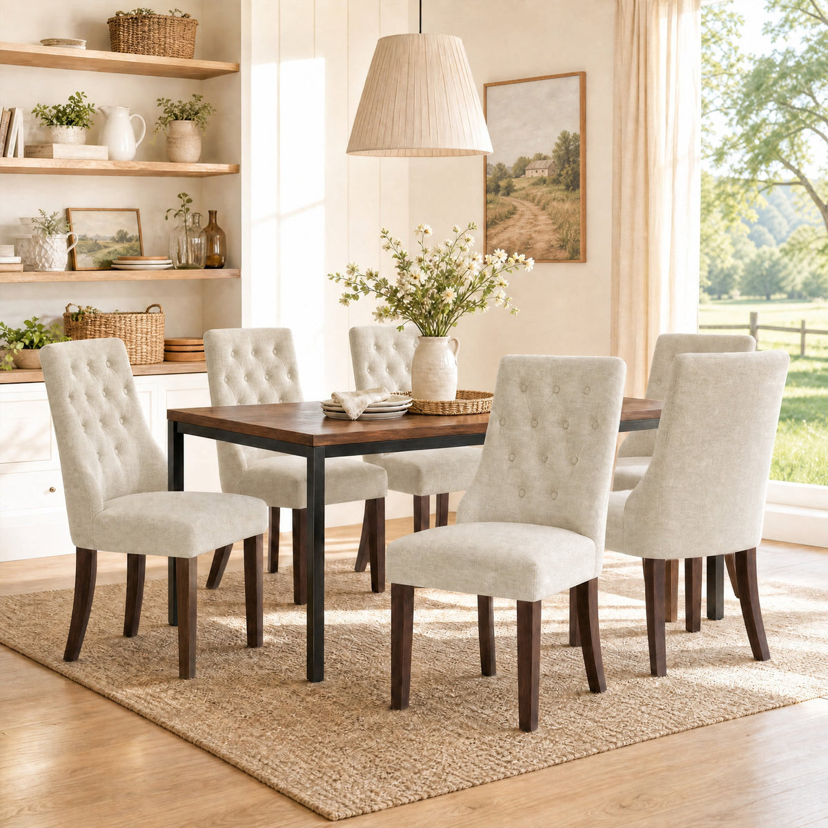 EOP Mid Century Modern Dining Chairs Set of 2, Farmhouse Upholstered Kitchen Chairs with Solid Wood Legs and Button Tufted for Dining Room, Beige