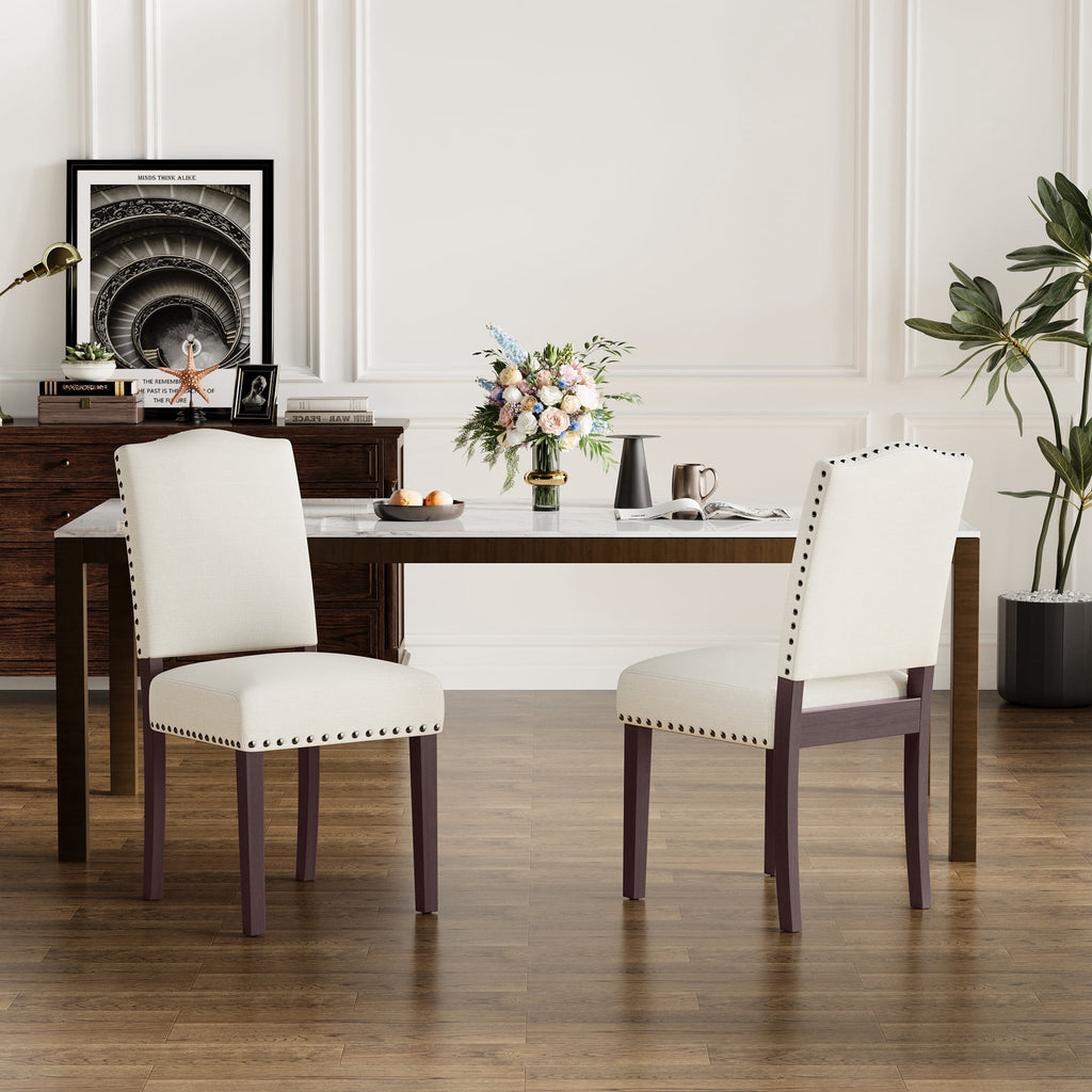 EOP Mid-Century Modern Upholstered Dining Chairs Set of 2, Farmhouse Fabric Kitchen & Dining Room Chairs with Extra Padded Seat, Ideal for Living Room, Restaurant, Beige