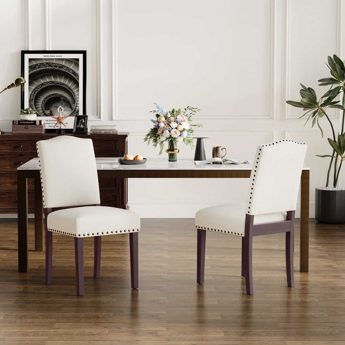 EOP Mid-Century Modern Upholstered Dining Chairs Set of 2, Farmhouse Fabric Kitchen & Dining Room Chairs with Extra Padded Seat, Ideal for Living Room, Restaurant, Beige