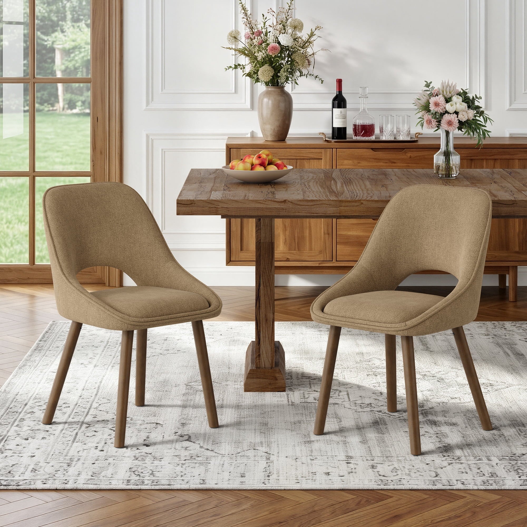 EOP Modern Upholstered Dining Chairs with Curved Back, Mid-Century Side Chairs with Solid Wood Legs For Dining Room, Kitchen and Restaurant, Set of 4, Beige