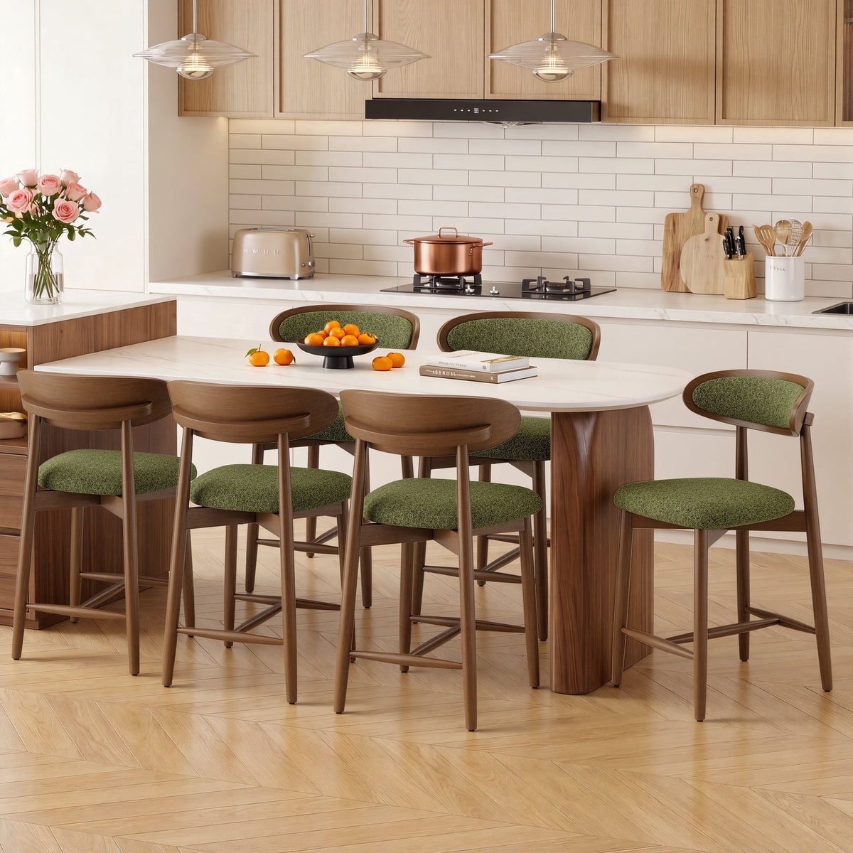 EOP Modern Bar Stools Set of 4, Upholstered 24.8″ Counter Height Bar Stools, Kitchen Island Barstools with Wood Legs for Kitchen Island Dining Room Bar, Light Gray