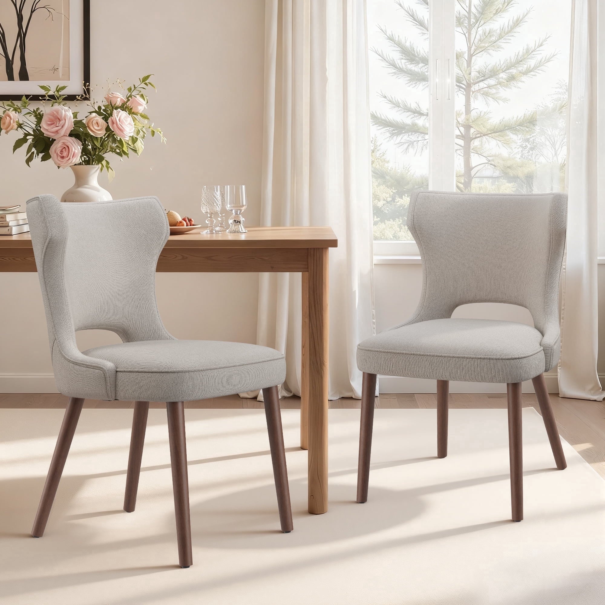 EOP Modern Fabric Upholstered Dining Chairs Set of 2, Wingback Dining Side Chairs with Solid Wood Legs, Farmhouse Dining Room Chairs for Dining Kitchen Living Room, Beige