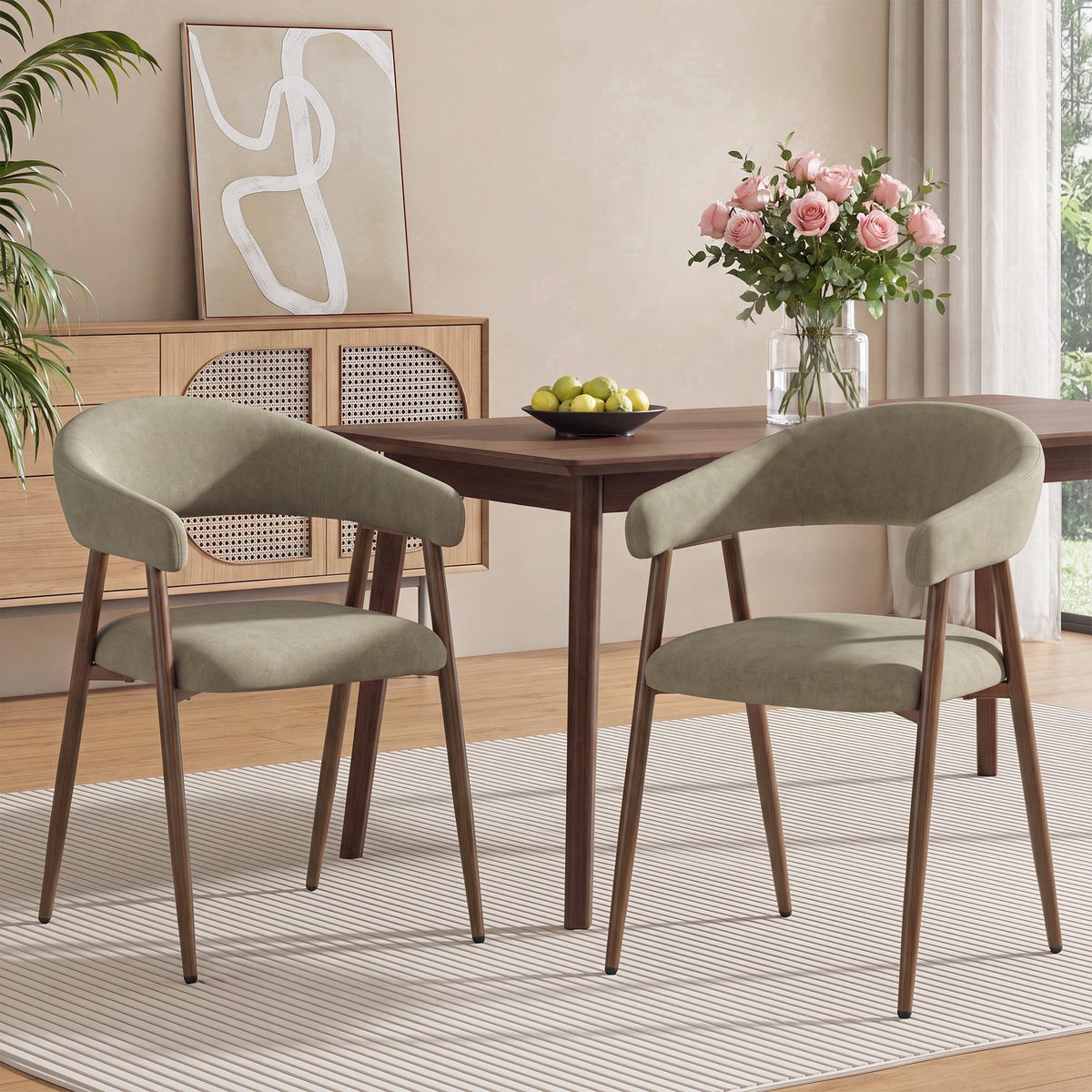 EOP Modern Linen Fabric Dining Chairs Set of 2, Upholstered Kitchen Chair with Metal Leg for Dining Room Restaurant, Beige