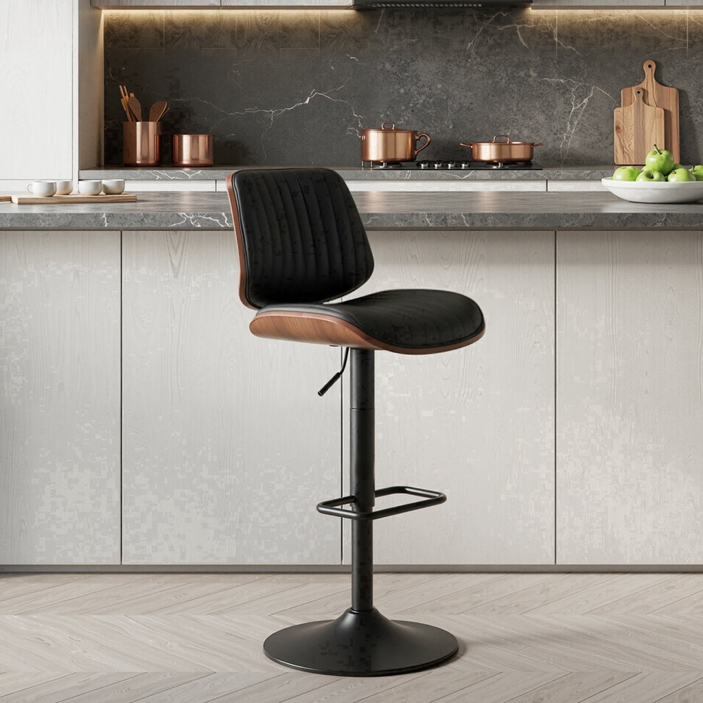 EOP Adjustable Swivel Bar Stools Single Piece Faux Leather Upholstered Counter Height Chairs with Back Dining Barstools for Kitchen Island, Black