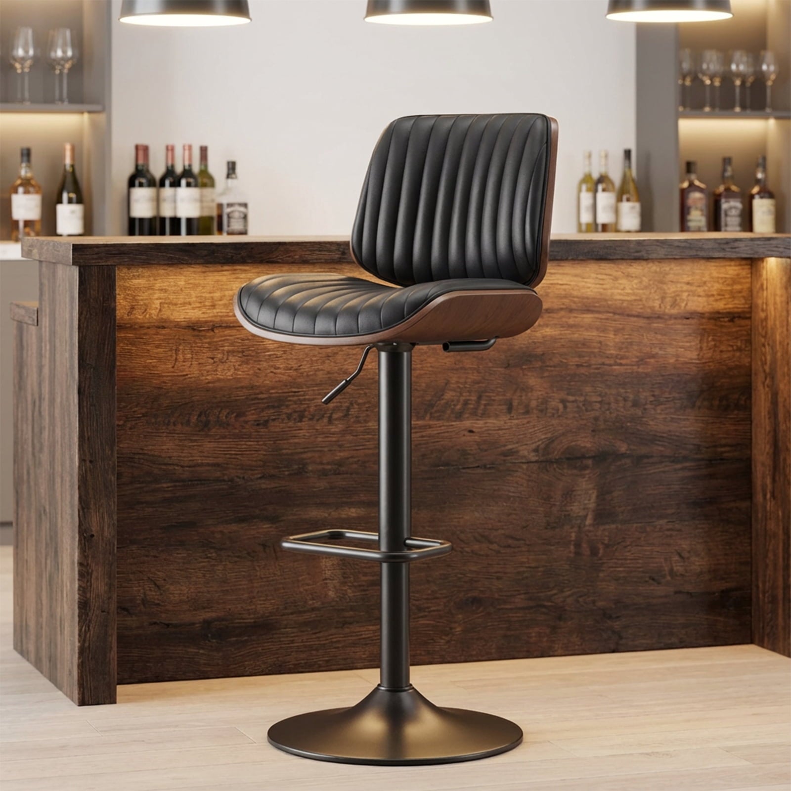 EOP Modern Single Upholstered 26’’H Barstool, Adjustable Height Counter Stool with Bentwood, Faux Leather Swivel Bar Stool with Metal Frame, Black