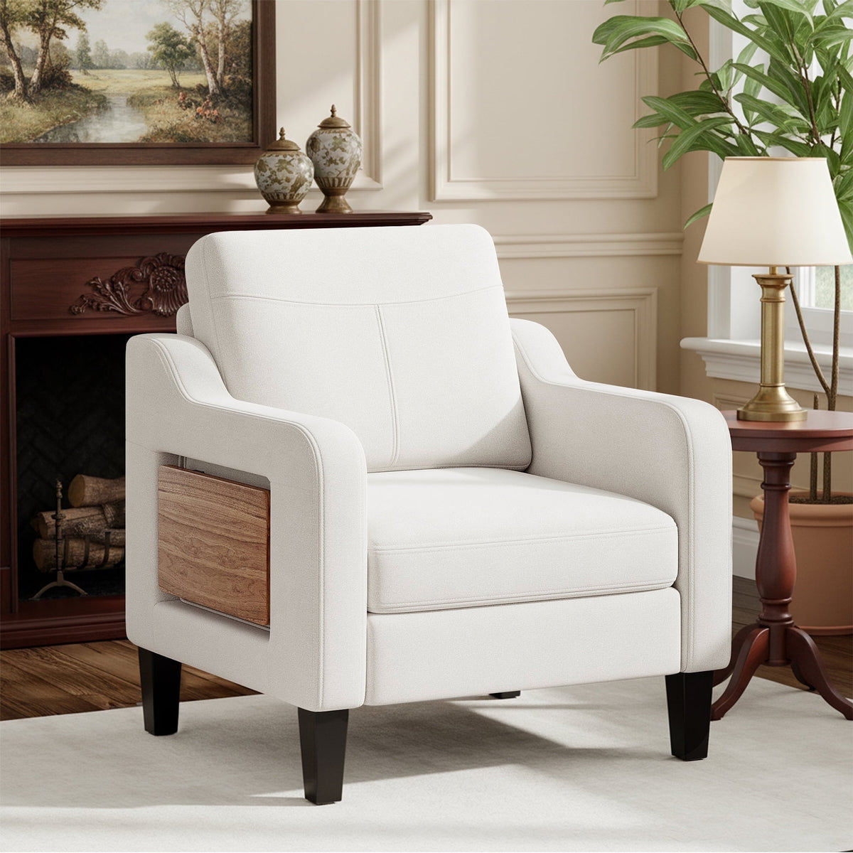 EOP Modern Upholstered Armchair, Linen Fabric Accent Chair with 2 Side Pockets, Living Room Chair with Foldable Table, Comfy Reading Chair for Bedroom, Beige