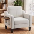 EOP Modern Comfy Armchair, Linen Fabric Accent Chair with Side Pockets, Living Room Chair with Foldable Table, Upholstered Reading Chair for Bedroom, Beige