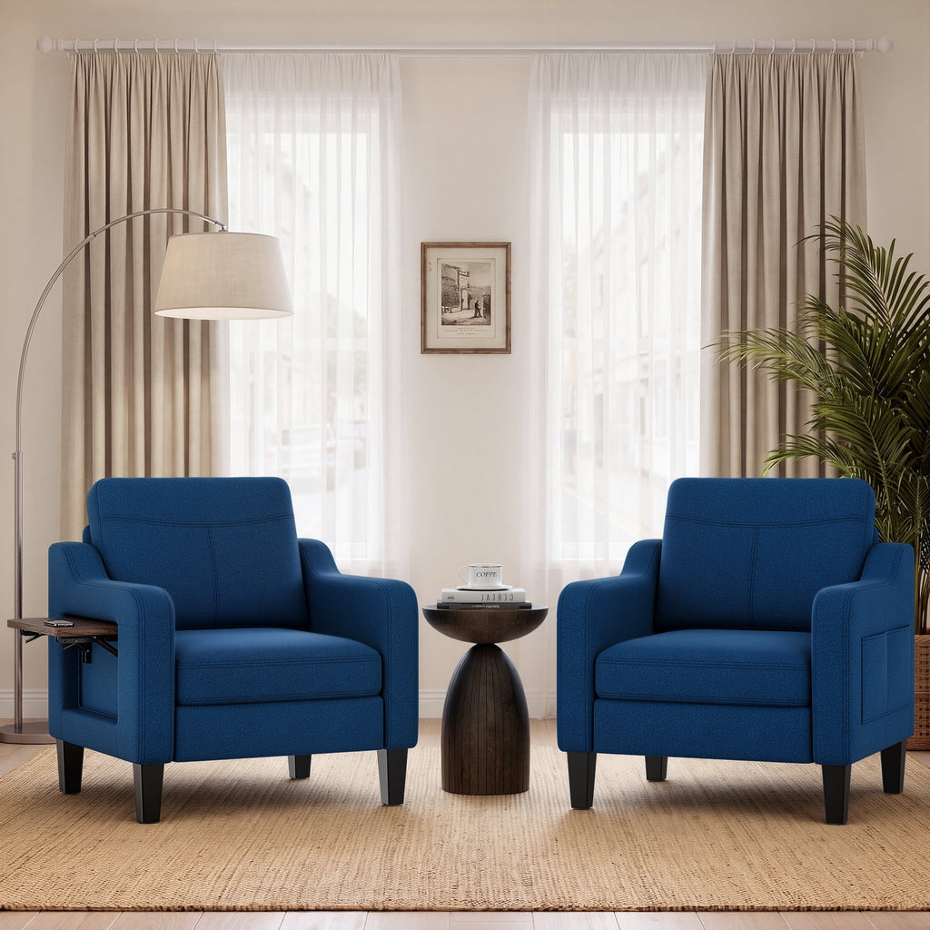EOP Modern Comfy Armchair, Linen Fabric Accent Chair with Side Pockets, Living Room Chair with Foldable Table, Upholstered Reading Chair for Bedroom, Beige
