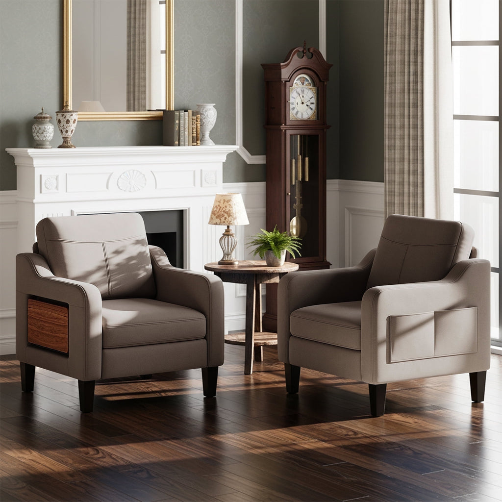 EOP Modern Upholstered Armchair, Linen Fabric Accent Chair with 2 Side Pockets, Living Room Chair with Foldable Table, Comfy Reading Chair for Bedroom, Beige