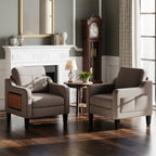 EOP Modern Upholstered Armchair, Linen Fabric Accent Chair with 2 Side Pockets, Living Room Chair with Foldable Table, Comfy Reading Chair for Bedroom, Beige