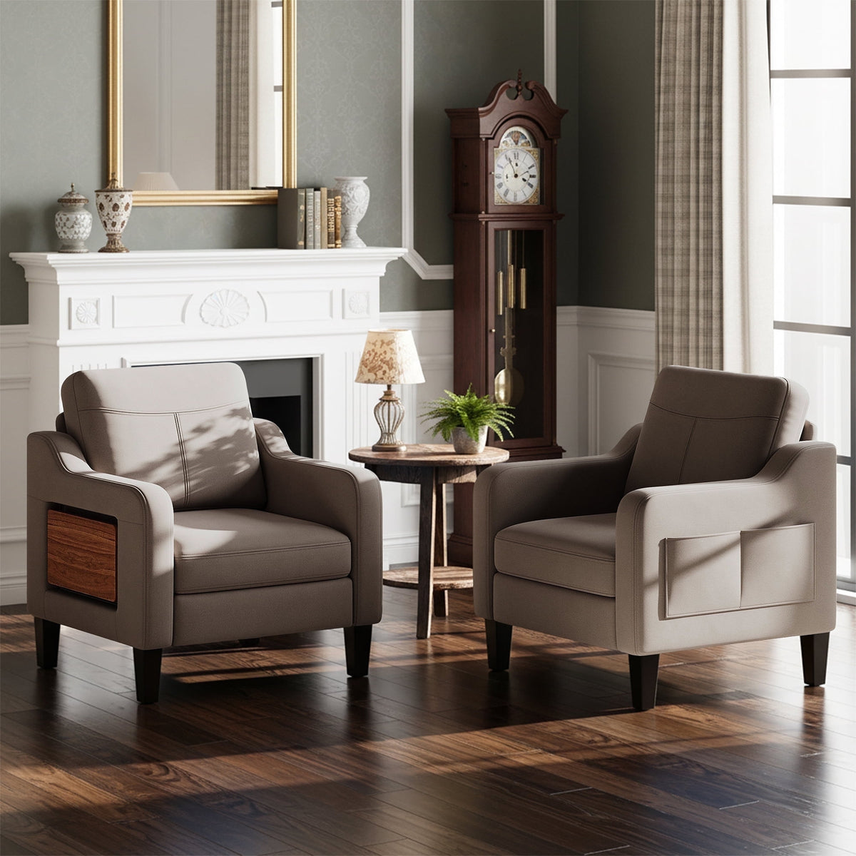 EOP Modern Upholstered Armchair, Linen Fabric Accent Chair with 2 Side Pockets, Living Room Chair with Foldable Table, Comfy Reading Chair for Bedroom, Beige