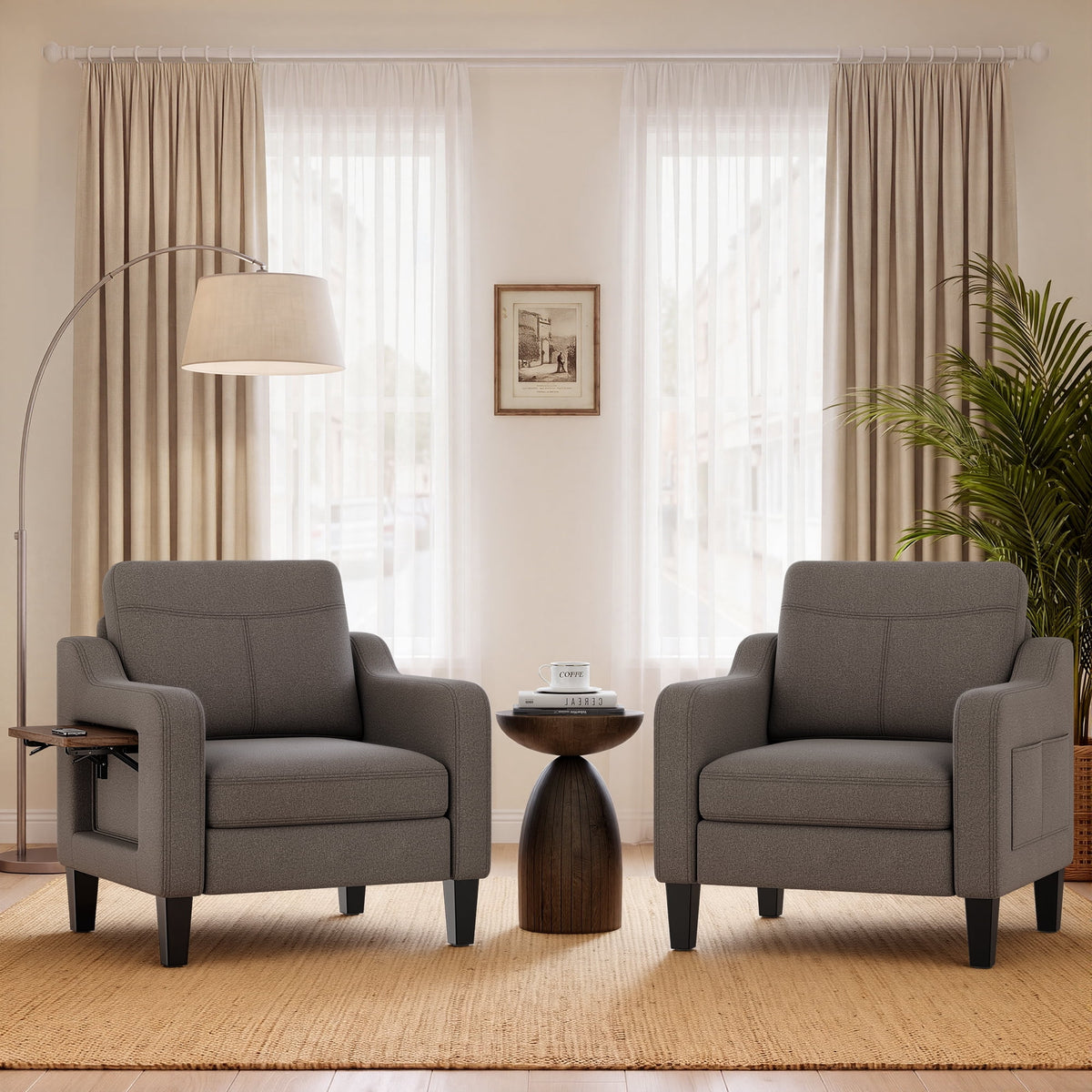EOP Modern Comfy Armchair, Linen Fabric Accent Chair with Side Pockets, Living Room Chair with Foldable Table, Upholstered Reading Chair for Bedroom, Beige