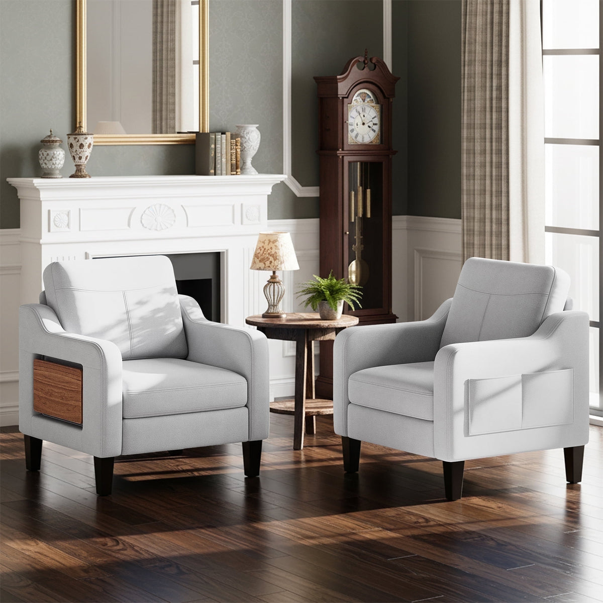 EOP Modern Upholstered Armchair, Linen Fabric Accent Chair with 2 Side Pockets, Living Room Chair with Foldable Table, Comfy Reading Chair for Bedroom, Beige