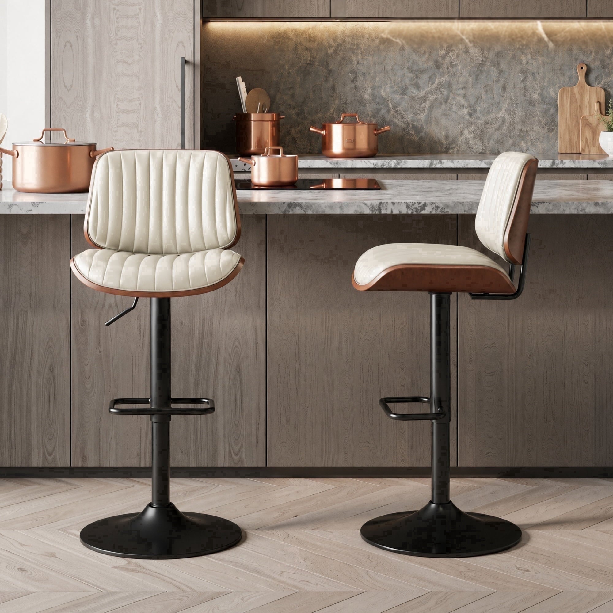 EOP Adjustable Swivel Bar Stools Single Piece Faux Leather Upholstered Counter Height Chairs with Back Dining Barstools for Kitchen Island, Black
