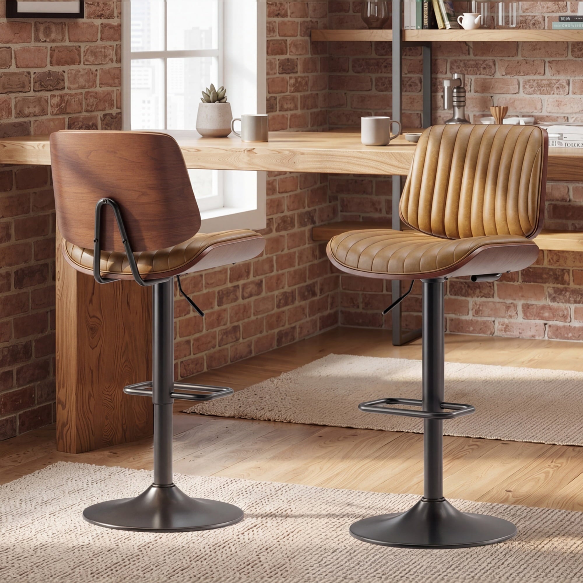 EOP Modern Single Upholstered 26’’H Barstool, Adjustable Height Counter Stool with Bentwood, Faux Leather Swivel Bar Stool with Metal Frame, Black