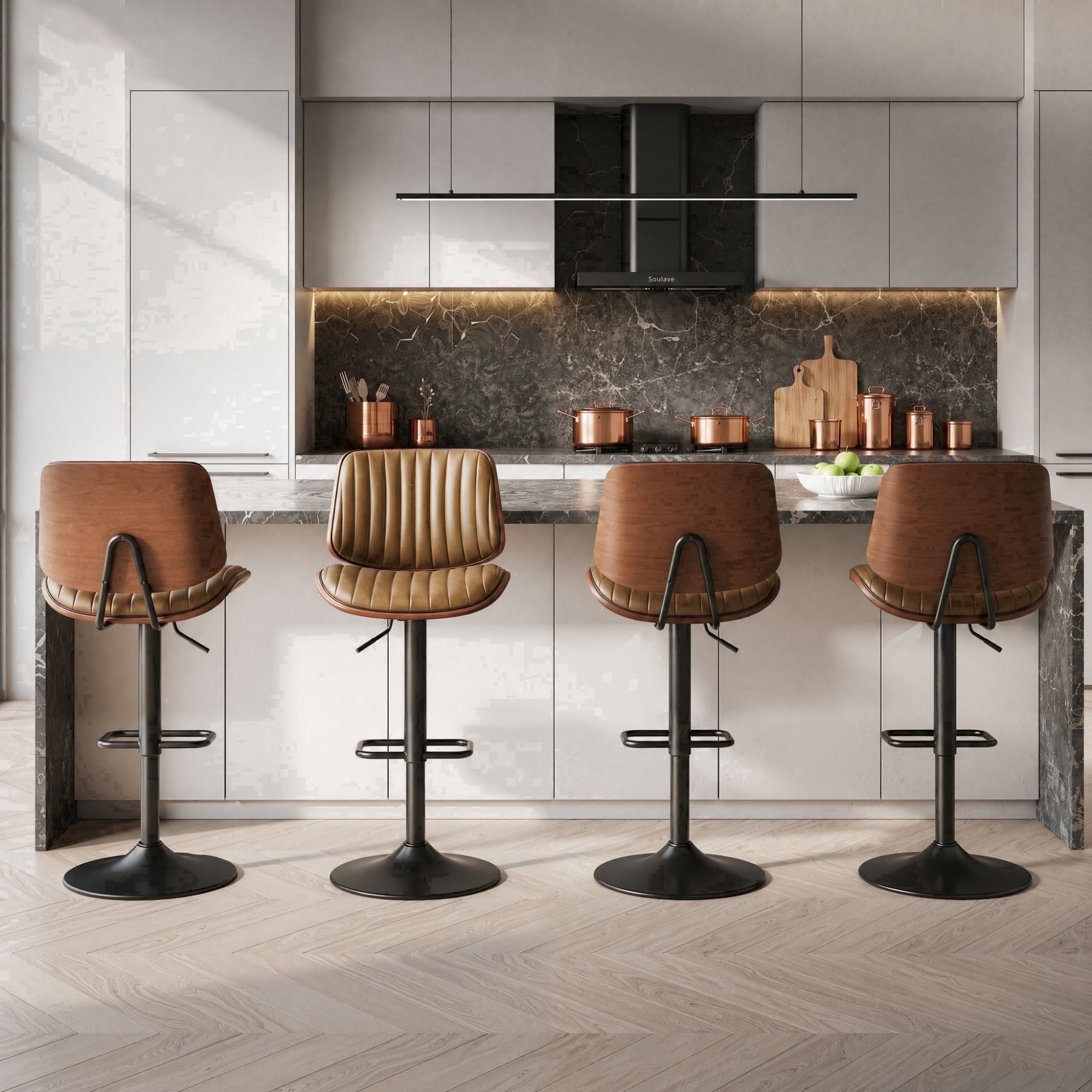EOP Adjustable Swivel Bar Stools Single Piece Faux Leather Upholstered Counter Height Chairs with Back Dining Barstools for Kitchen Island, Black