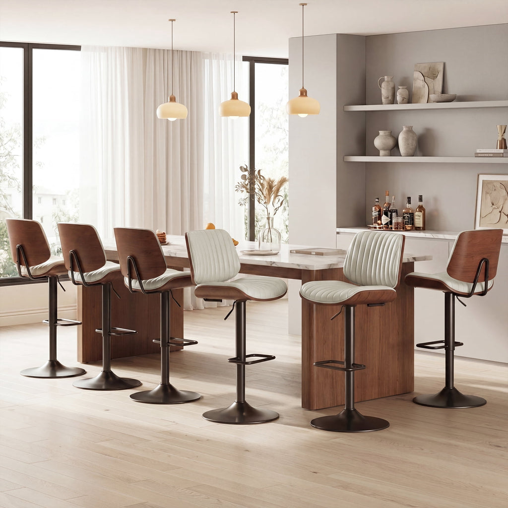 EOP Modern Upholstered Barstools Set of 4, Adjustable Height Counter Stools with Bentwood, Faux Leather Swivel Bar Stools with Metal Frame, Black