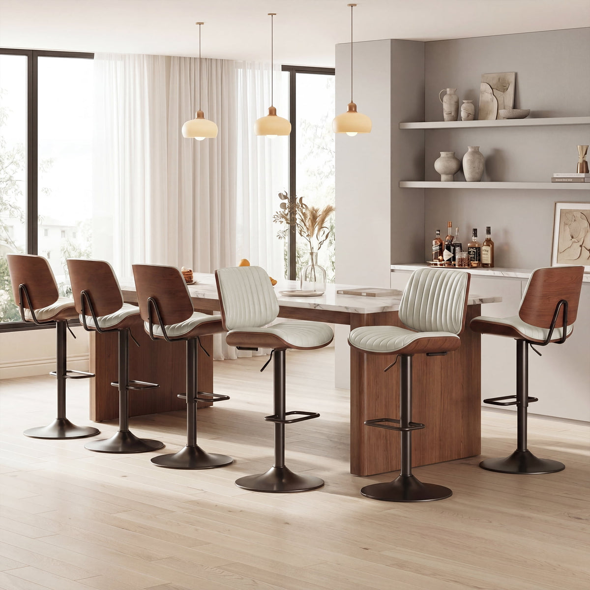 EOP Modern Single Upholstered 26’’H Barstool, Adjustable Height Counter Stool with Bentwood, Faux Leather Swivel Bar Stool with Metal Frame, Black