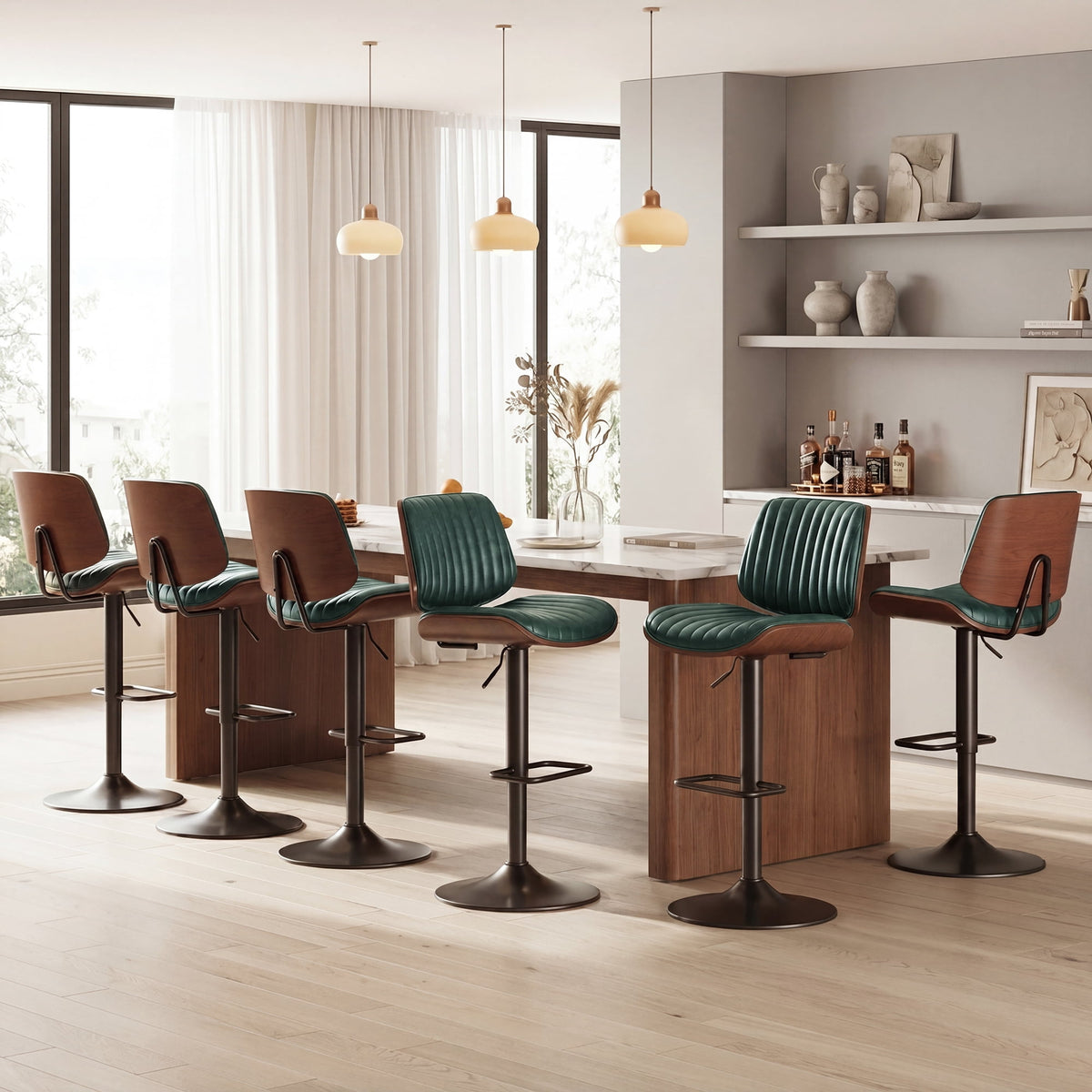 EOP Modern Single Upholstered 26’’H Barstool, Adjustable Height Counter Stool with Bentwood, Faux Leather Swivel Bar Stool with Metal Frame, Black