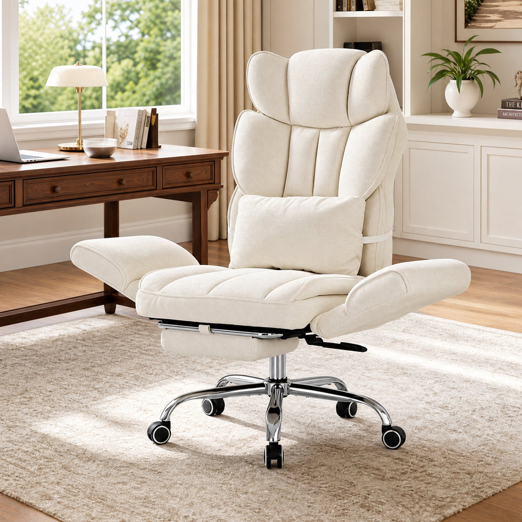 EOP Office Chair, Swivel Ergonomic Large Desk Chair with Adjustable Backrest and Footrest, Flip Armrests Home Executive Office Chair for Work, Gaming, Beige