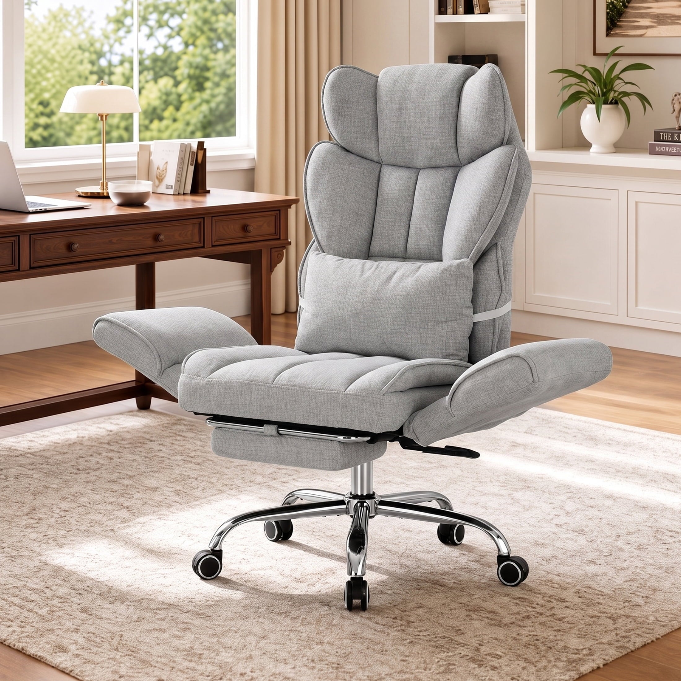 EOP Office Chair, Swivel Ergonomic Large Desk Chair with Adjustable Backrest and Footrest, Flip Armrests Home Executive Office Chair for Work, Gaming, Beige