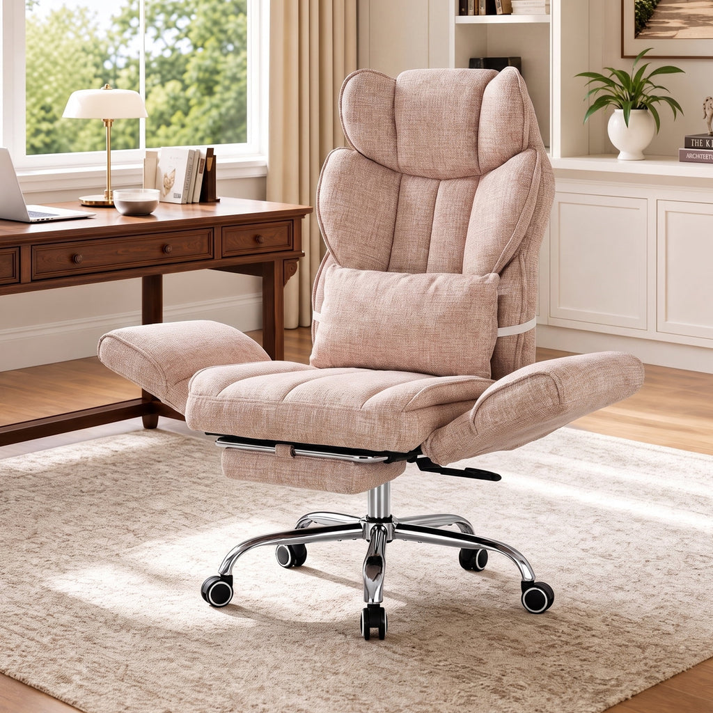 EOP Office Chair, Swivel Ergonomic Large Desk Chair with Adjustable Backrest and Footrest, Flip Armrests Home Executive Office Chair for Work, Gaming, Beige