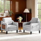 EOP Accent Chair with Foldable Table, Beige Linen Fabric Armchair with Side Pockets, Comfy Reading Chair for Living Room Bedroom