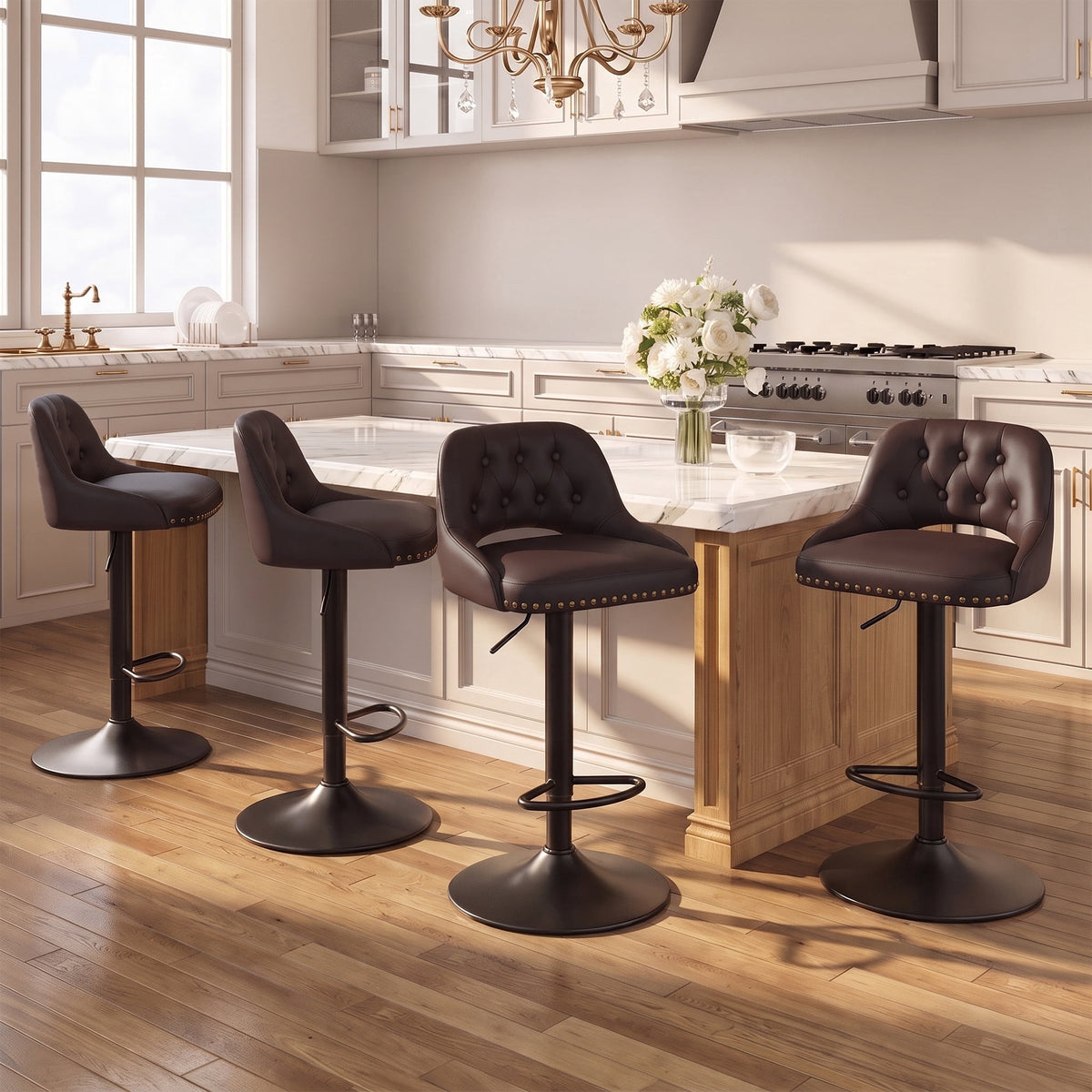 EOP Swivel Bar Stool, Adjustable Height PU Leather Bar Chair with Curved Backrest, Counter Height Seating for Kitchen Island Dining Room, Black