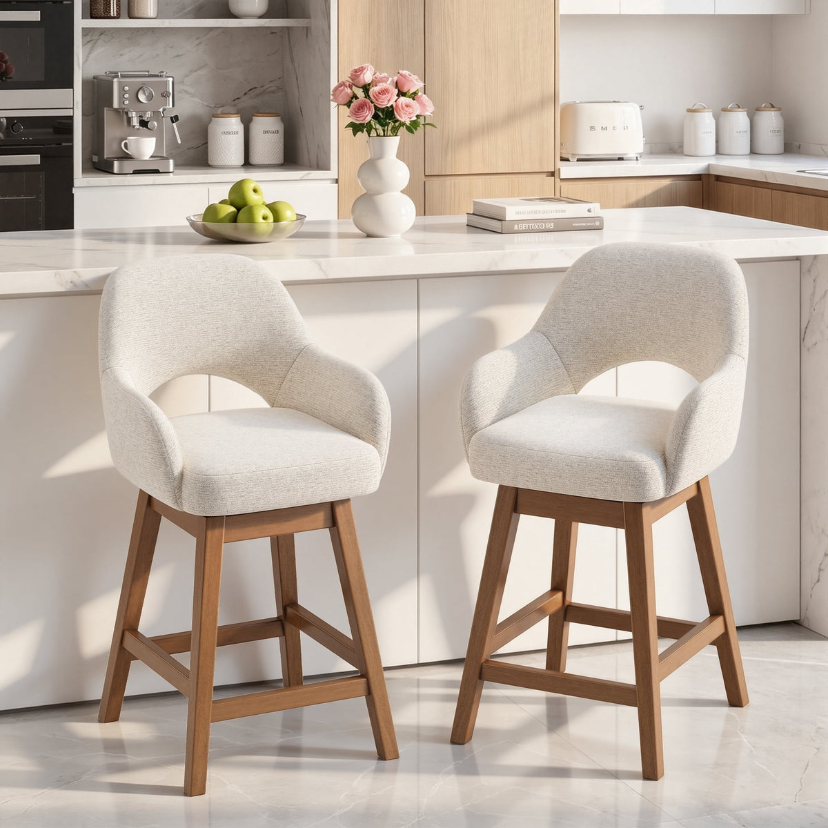 EOP Modern Swivel Bar Stools Set of 2, 25" Upholstered Counter Height Bar Stools with Wood Legs & Curved Back, Mid Century Bar Chairs for Kitchen Island Pub, Beige