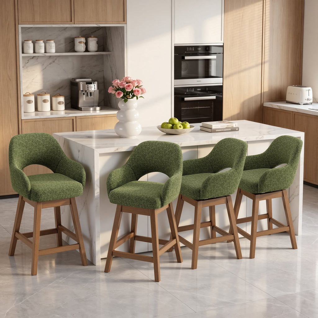 EOP Modern Swivel Bar Stools Set of 2, 25" Upholstered Counter Height Bar Stools with Wood Legs & Curved Back, Mid Century Bar Chairs for Kitchen Island Pub, Beige