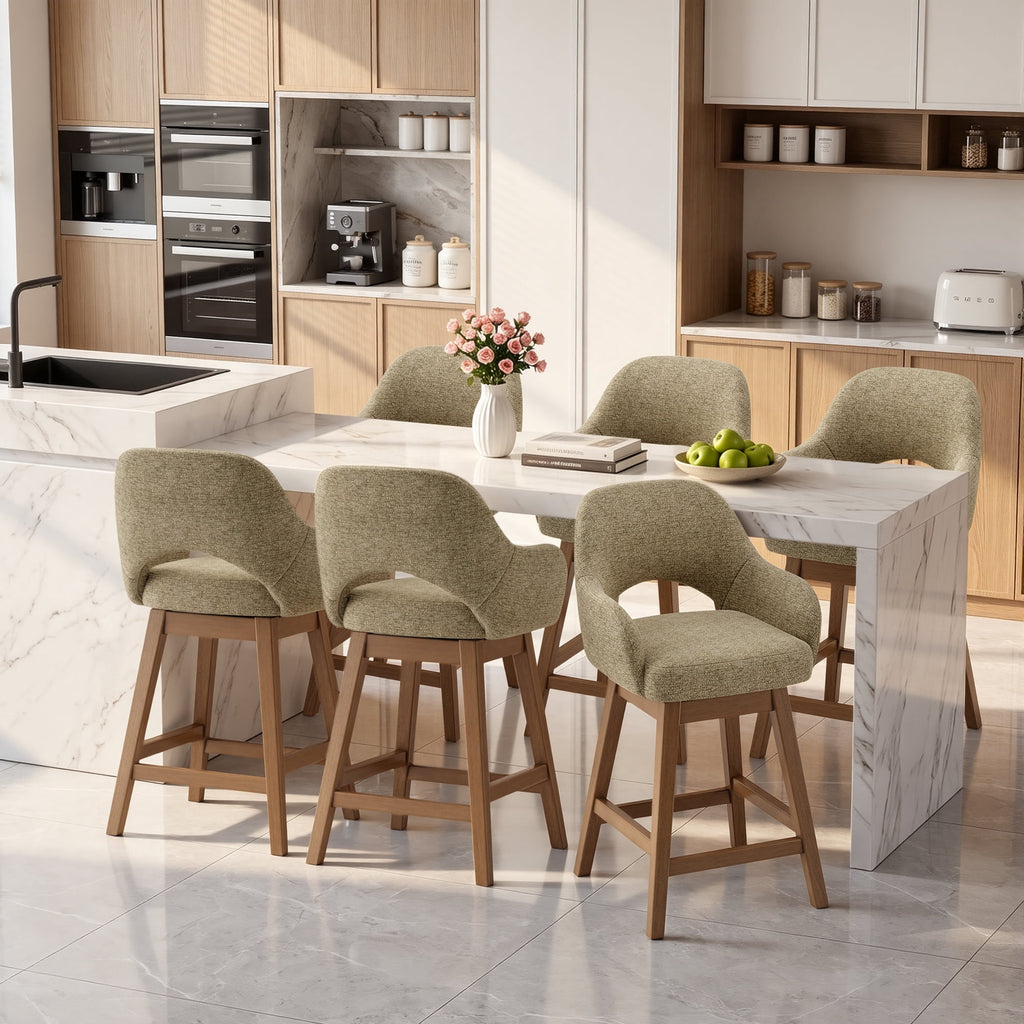 EOP Modern Swivel Bar Stools Set of 2, 25" Upholstered Counter Height Bar Stools with Wood Legs & Curved Back, Mid Century Bar Chairs for Kitchen Island Pub, Beige
