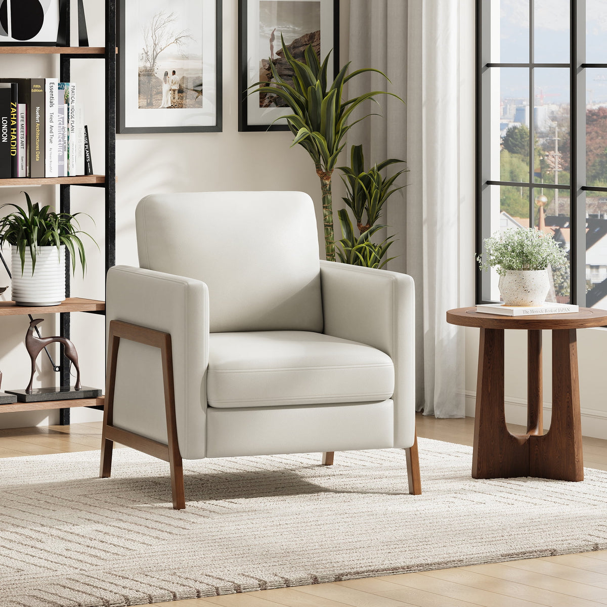EOP Upholstered Accent Chair, Vintage Mid Century Modern Arm Chair, Comfy PU Leather Reading Armchair for Living Room Bedroom Office