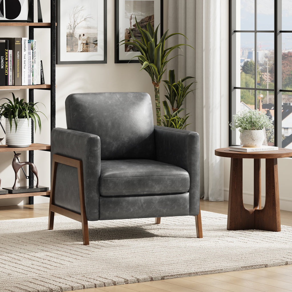 EOP Upholstered Accent Chair, Vintage Mid Century Modern Arm Chair, Comfy PU Leather Reading Armchair for Living Room Bedroom Office