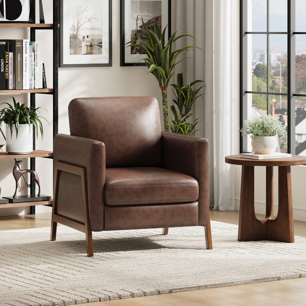 EOP Upholstered Accent Chair, Vintage Mid Century Modern Arm Chair, Comfy PU Leather Reading Armchair for Living Room Bedroom Office