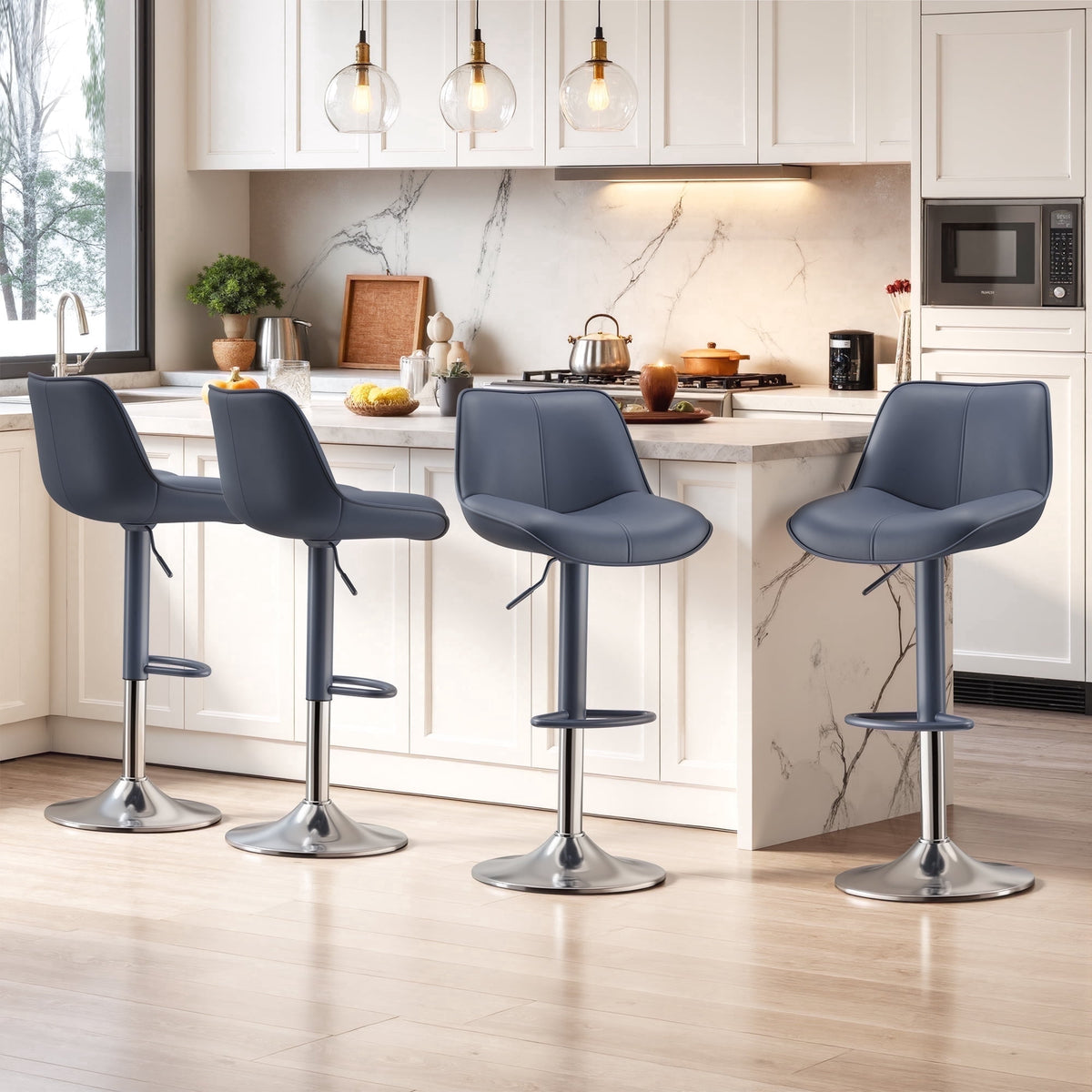 EOP Upholstered Bar Stool Set of 1, Adjustable Swivel Counter Height Bar Chair with Backrest, Modern PU Leather Counter Stool for Bar, Kitchen, Dining Room, Black