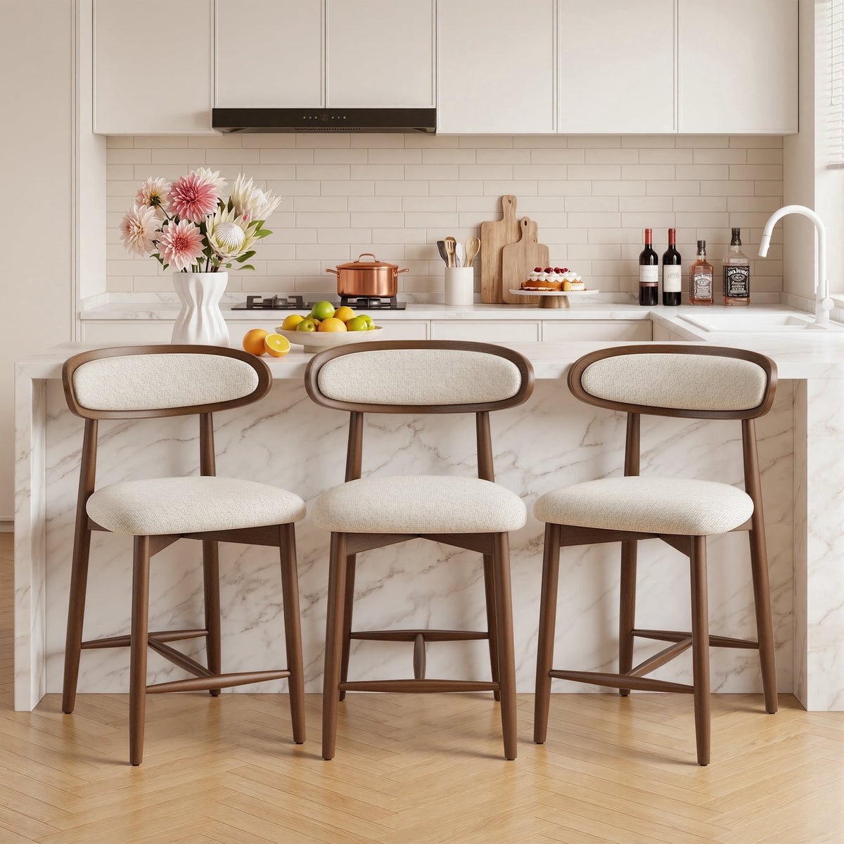 EOP Modern Bar Stools Set of 4, Upholstered 24.8″ Counter Height Bar Stools, Kitchen Island Barstools with Wood Legs for Kitchen Island Dining Room Bar, Light Gray