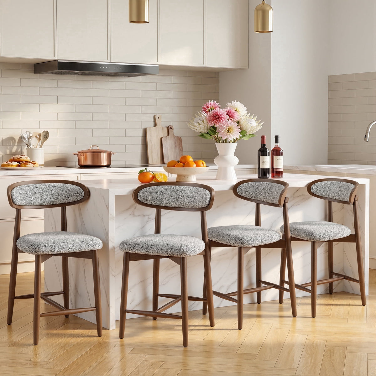 EOP Modern Bar Stools Set of 4, Upholstered 24.8″ Counter Height Bar Stools, Kitchen Island Barstools with Wood Legs for Kitchen Island Dining Room Bar, Light Gray